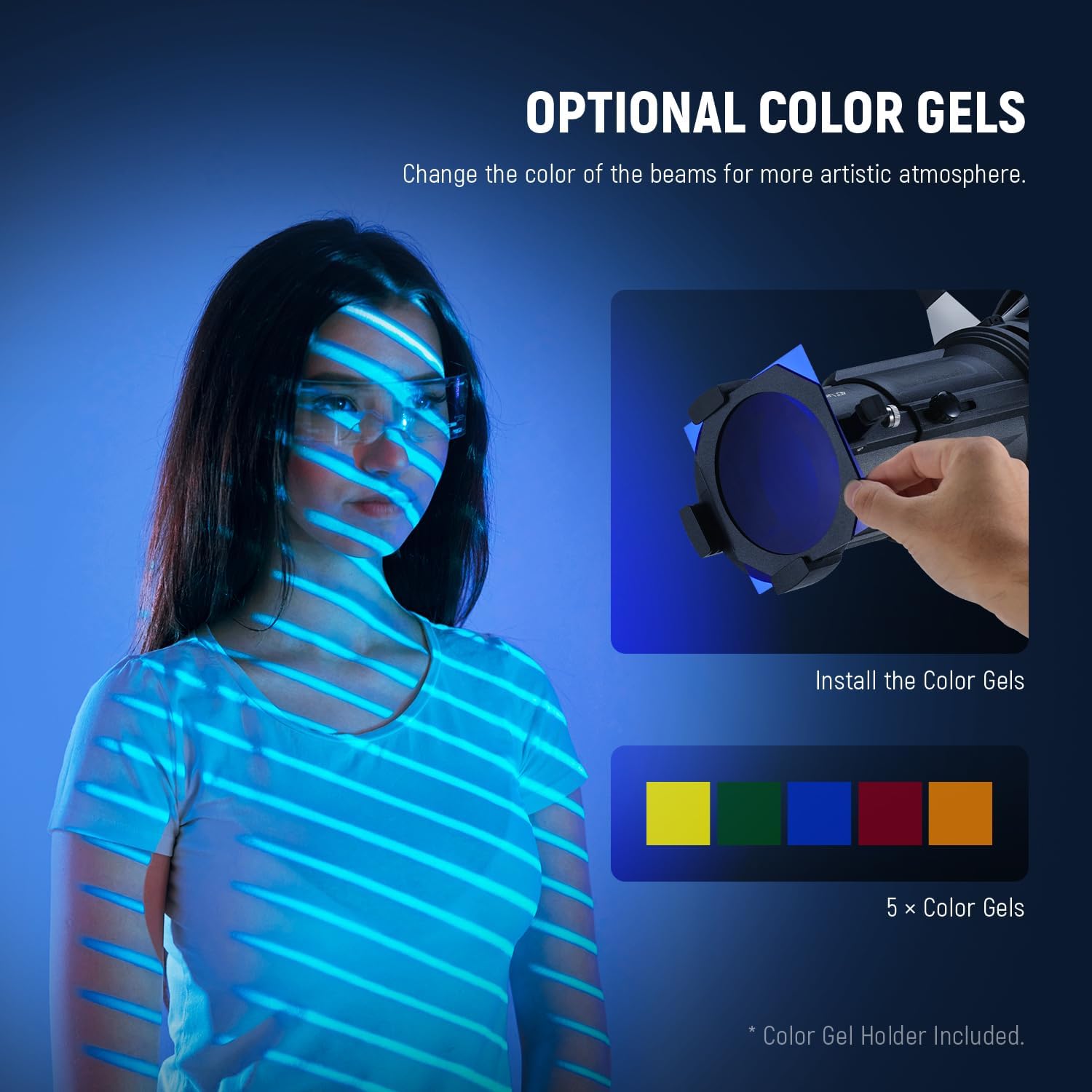 Thumbnail 6 de NEEWER LS-38 : snoot de projecteur conique 40° avec 16 gobos métalliques et 5 gels couleur (monture Bowens, jusqu’à 300 W)