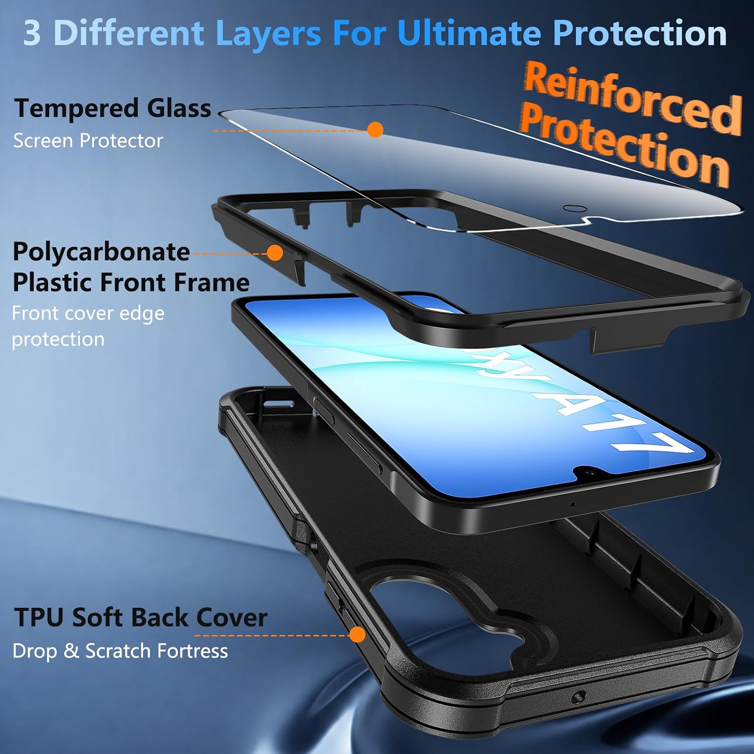 Detalle de Hensinple Heavy-Duty Case with Screen Protector for Samsung Galaxy A17 5G (Black)