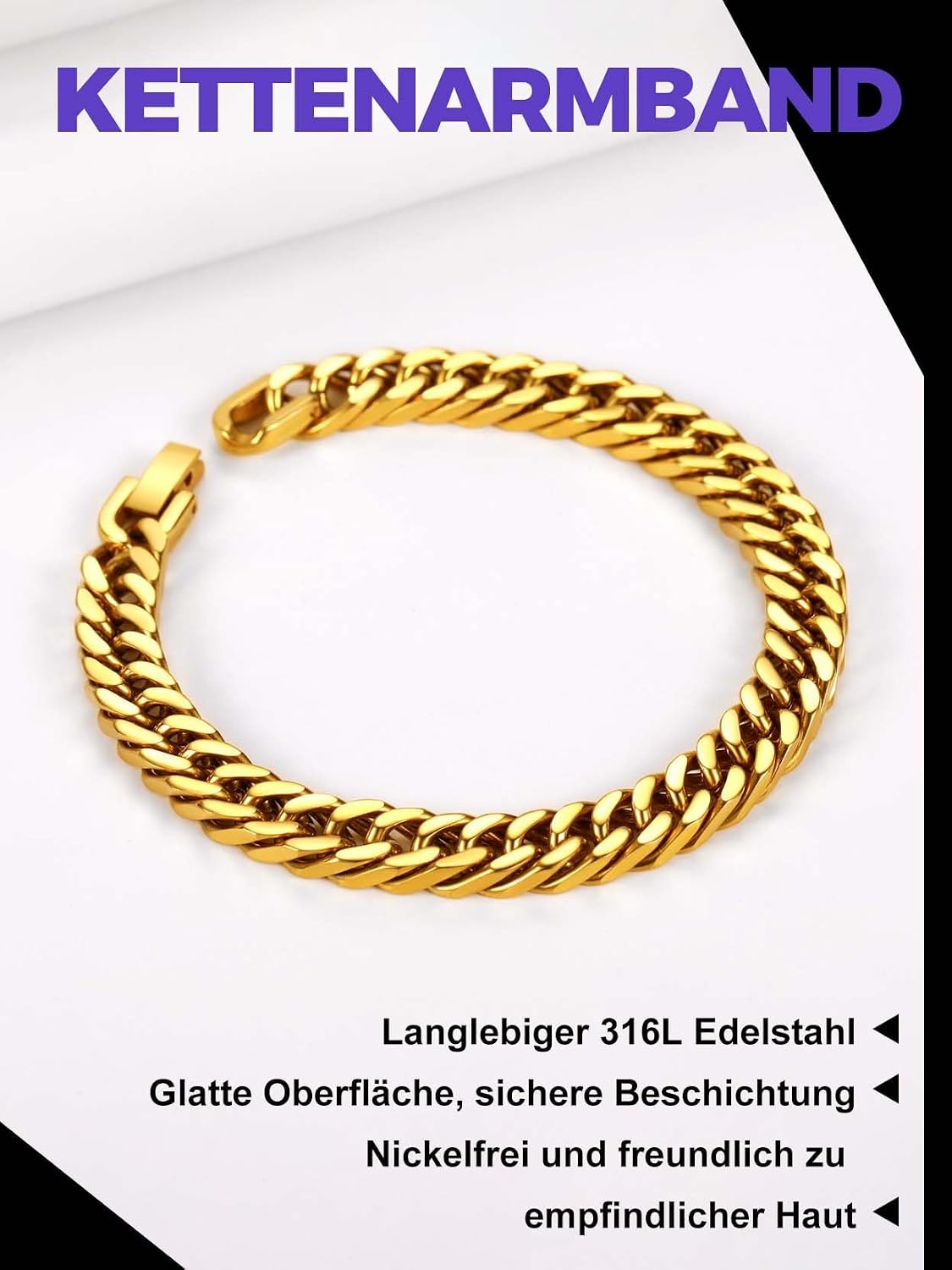 Detalle de Richsteel Herren-Armband aus Edelstahl (Cuban Glieder) in Silber, Gold oder Schwarz – Breite 8/12/17 mm, Länge 19/21/23 cm