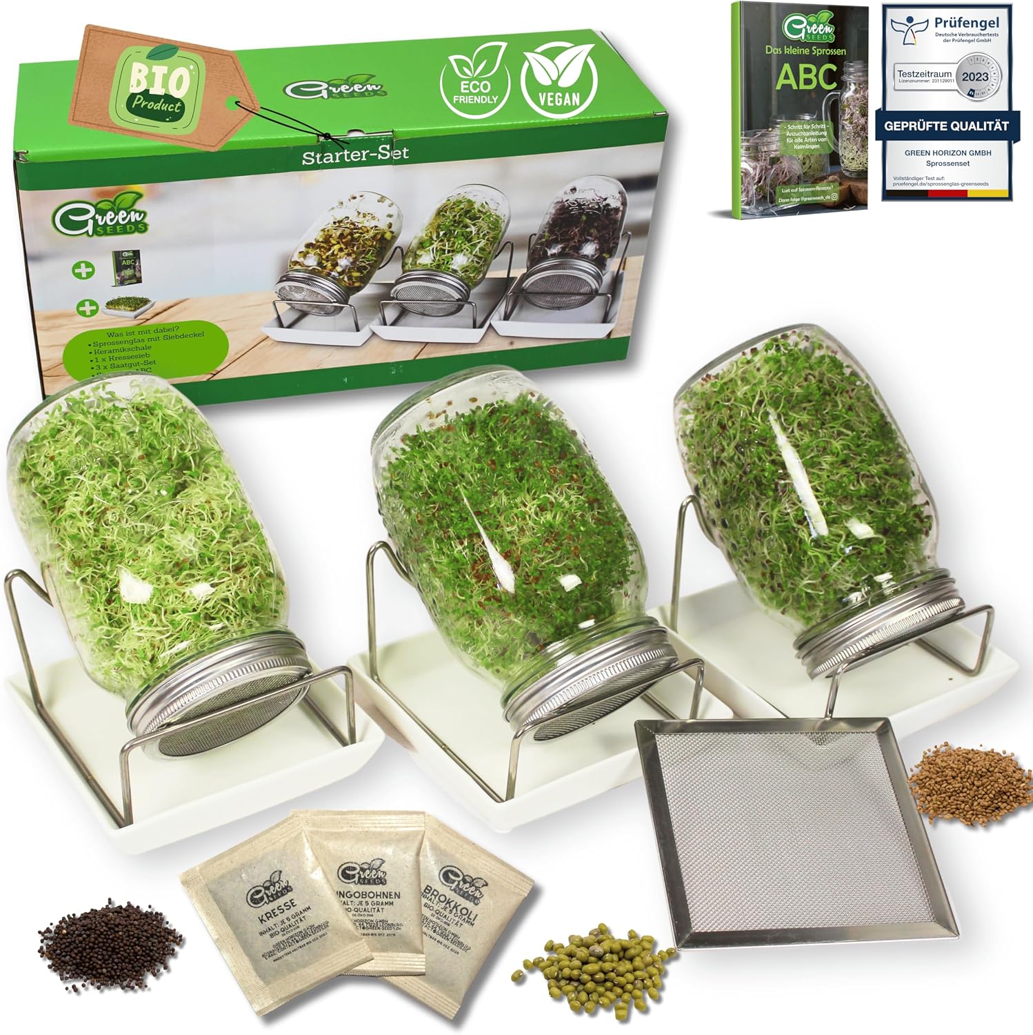 Detalle de Green SEEDS Sprossenglas Set 3er + KRESSESIEB