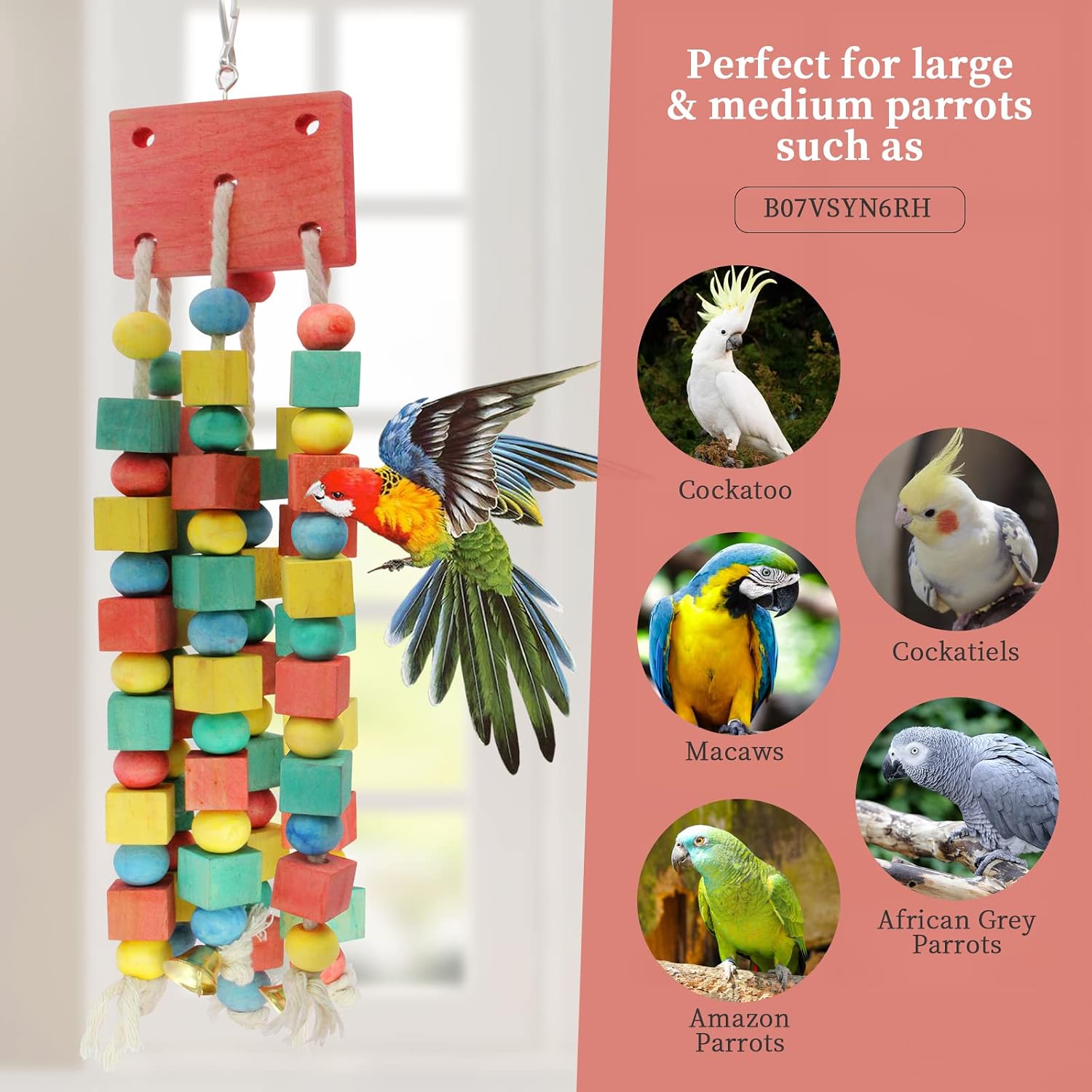 Detalle 2 de MQUPIN Hanging Wooden Block Chewing Parrot Toy – Multicoloured Cage Bite for Parakeet, Budgie, Cockatiel, African Grey