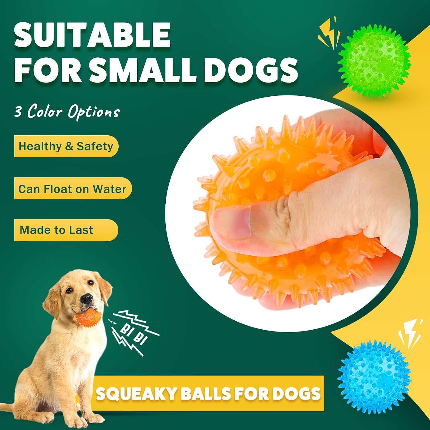 Detalle de PUPTILY DCB-007 Dog Toy Balls, 2.5-Inch Squeaky Natural Rubber, 5-Pack