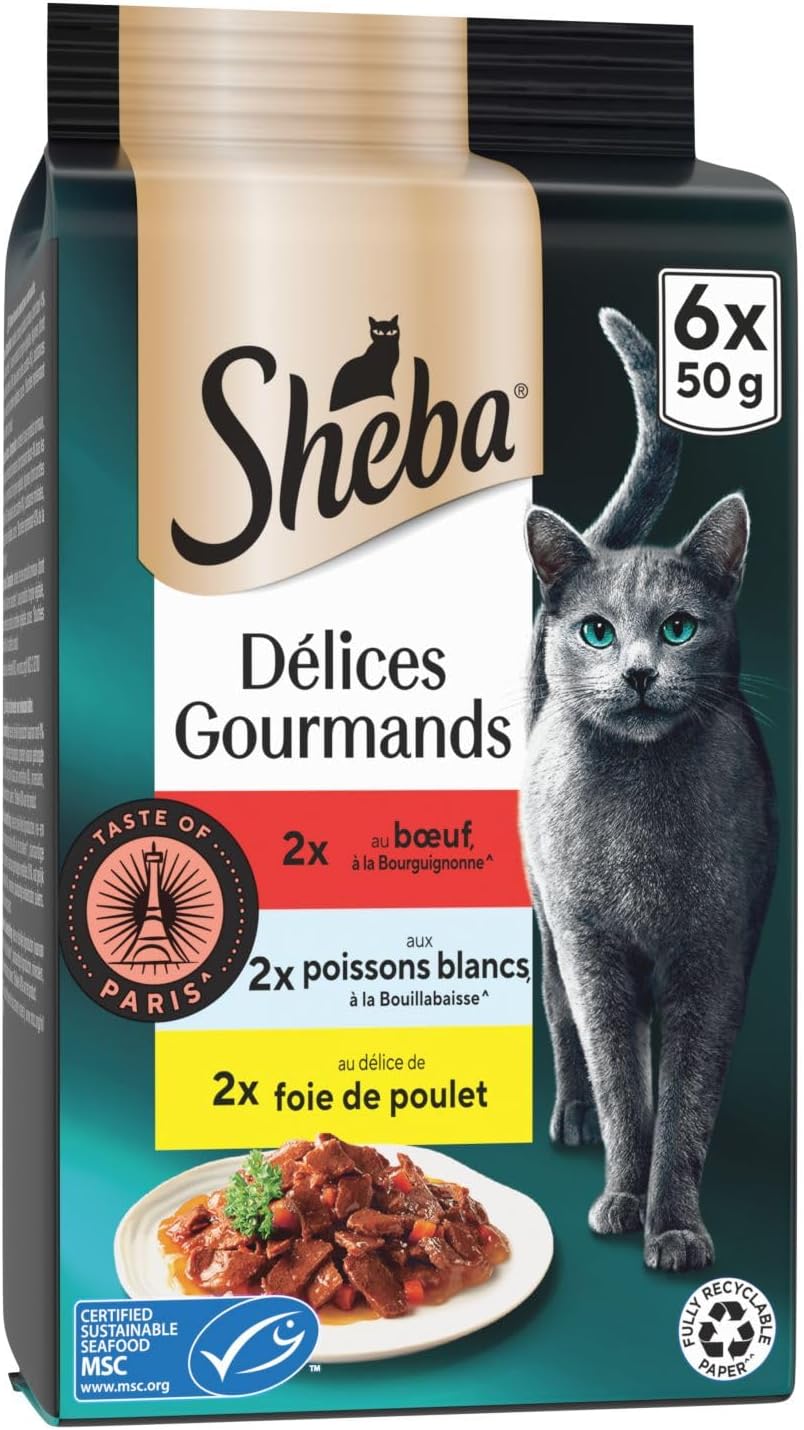 Detalle 2 de SHEBA Délices Gourmands Sachets fraîcheur 6 x 50g – Nourriture humide pour chat adulte, goût Paris