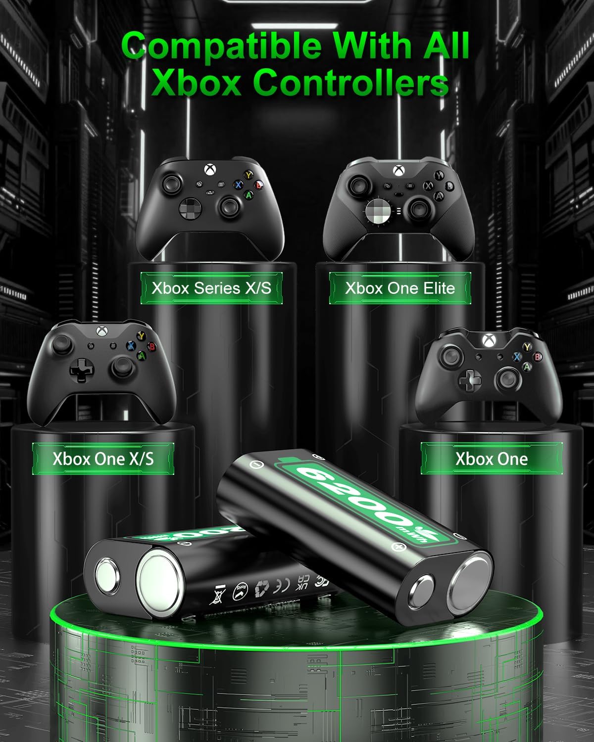 Thumbnail 1 de 6200mWh Battery for Xbox One/Xbox Series X|S – 2 x 6200mWh Ni-MH Rechargeable Packs with 2.5H Fast Charging Station
