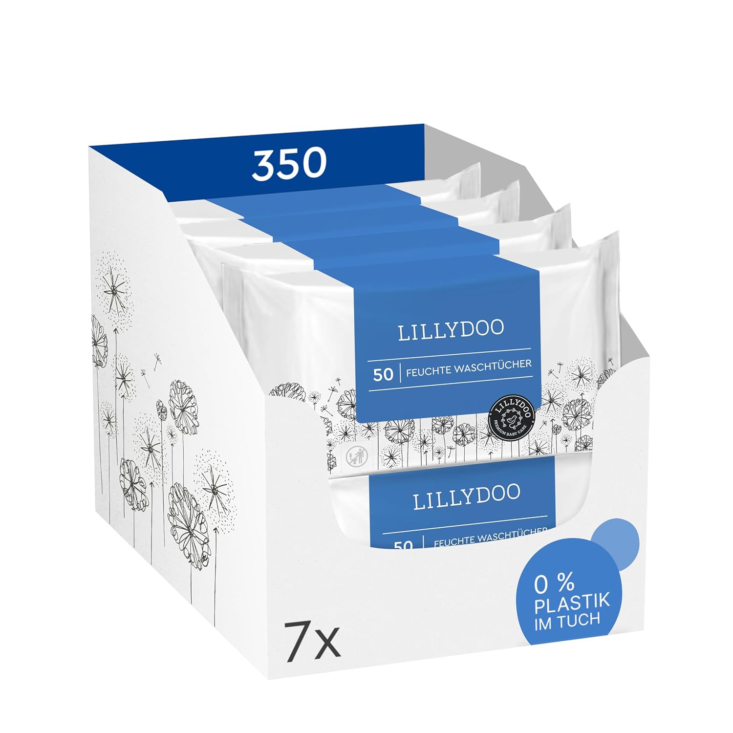 Detalle de LILLYDOO Feuchte Waschtücher 350 Stück (7 x 50) – 100% plastikfrei, extra großes Tuch, ohne Parfüme