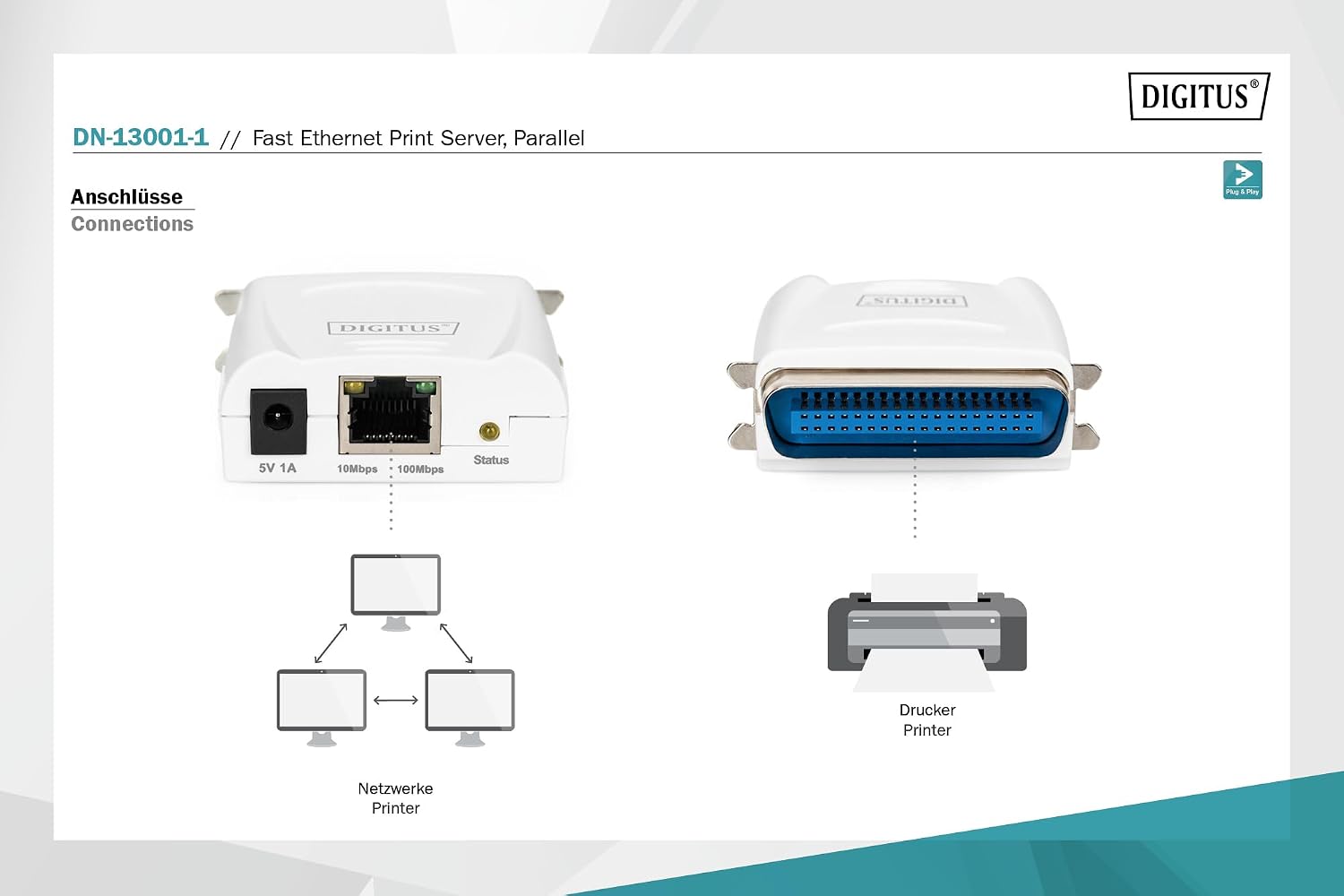 Detalle de DIGITUS DN-13001-1 – przewodowy serwer druku Fast Ethernet z portem równoległym