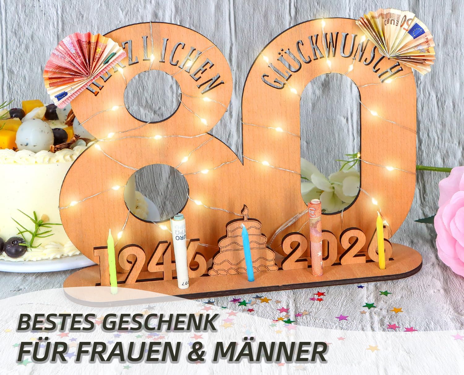 Detalle 2 de Giftota 2026 Originelles 80. Geburtstag Geschenk mit LED-Lichterkette, Geldgeschenk-Ständer aus FSC-Holz (29 x 21 cm)
