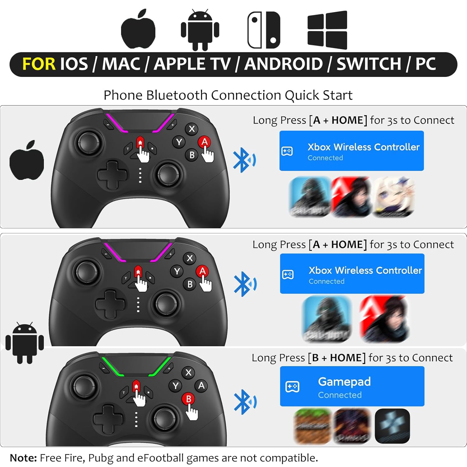 Detalle de Hall Effect Bluetooth Controller for Switch/PC/iPhone/Android/TV/Steam — Pro Wireless Game Controller with Hall Joysticks and Turbo