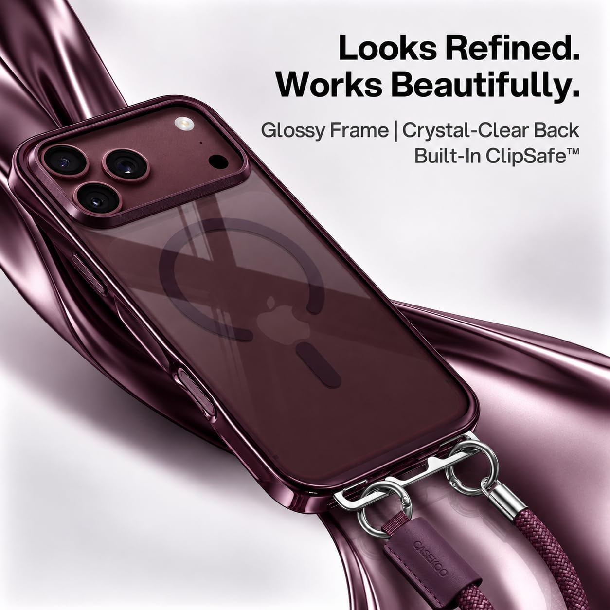 Detalle 2 de CASEKOO LinKOO Magnetic iPhone Case, Burgundy Clear Back with Wrist Strap
