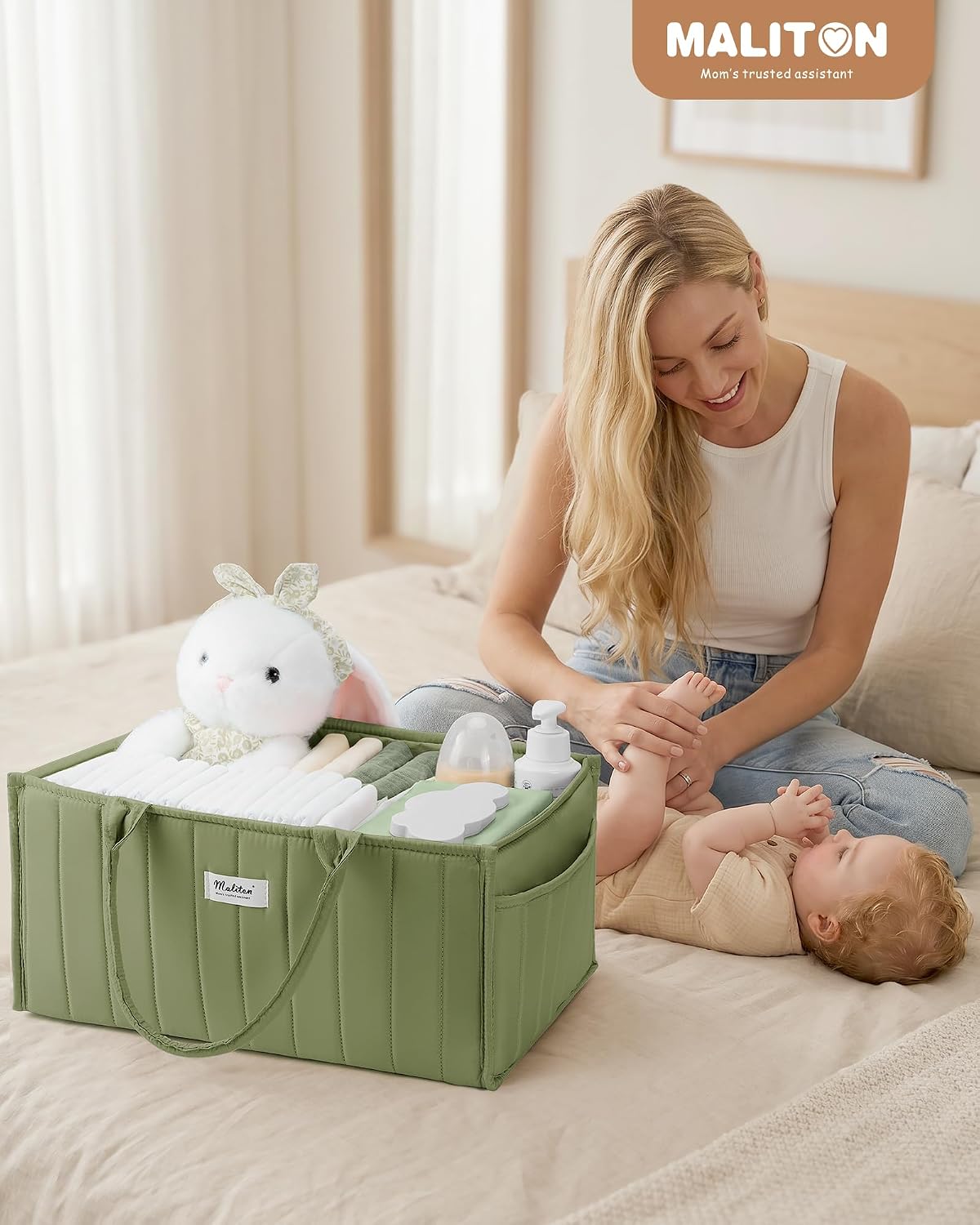 Thumbnail 1 de Maliton Nappy Caddy Organiser – Portable Baby Changing Station with Removable Dividers and Side Pockets (Green)