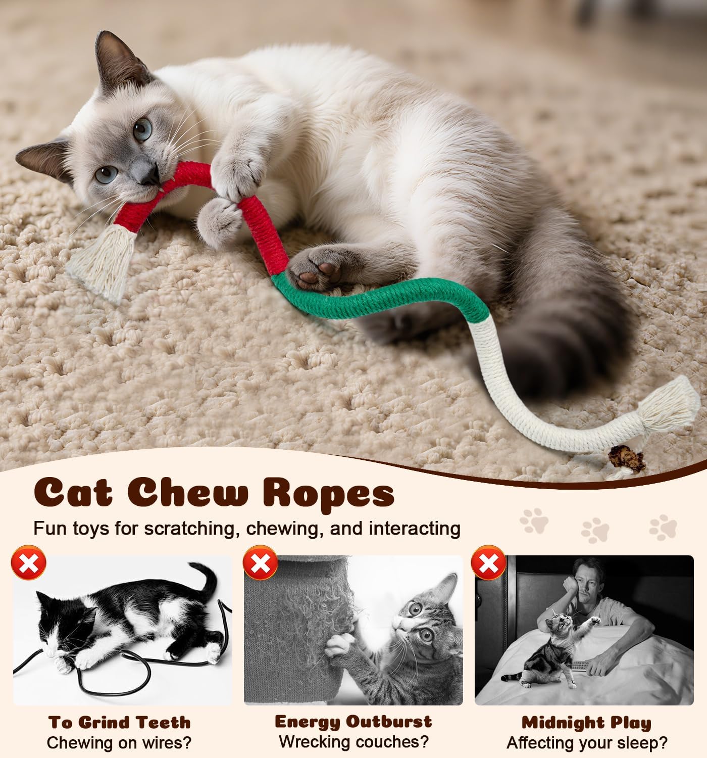 Detalle de Dgerp Cat Chew Ropes 4Pcs: Safe, Refillable Catnip Toys for Indoor Cats (19.5 Inches)
