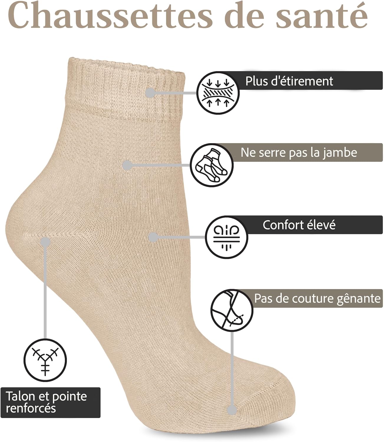 Detalle de Lot de 4 paires de chaussettes diabétiques en bambou avec lycra (sans couture) pour femmes enceintes et personnes âgées