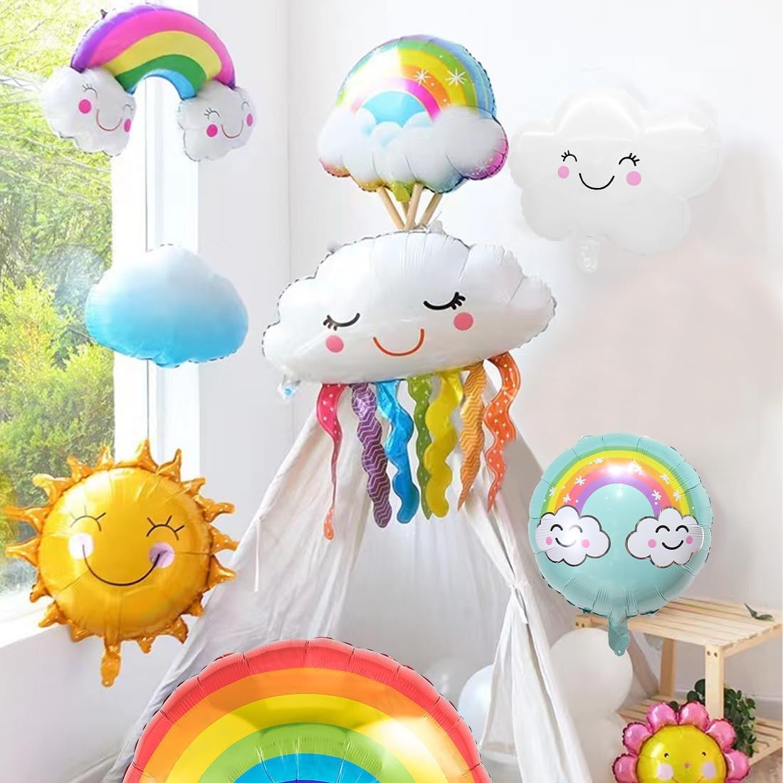 Thumbnail 4 de Aurasky Regenbogen Geburtstagsdeko 5: Folienballons mit Wolken & Sonne (Zahl 5 Set)