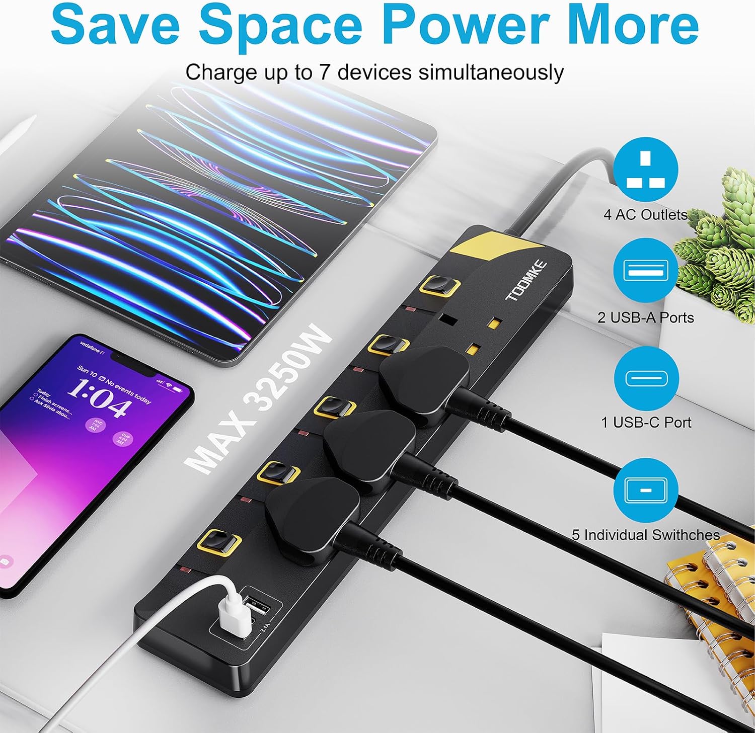 Detalle 2 de Extension Lead 4-Way with 3 USB and 8m cable ๐