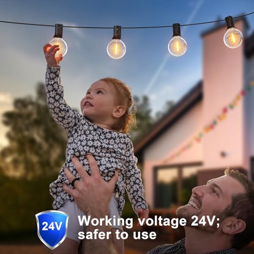 Detalle de GPATIO Guirlande Guinguette 30M – Lumières extérieures G40 IP45, 24V, 50+2 LEDs givrés