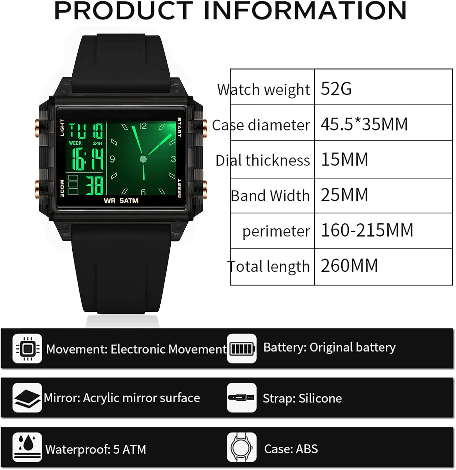 Thumbnail 6 de findtime Rechteckige Armbanduhr: Hybrid aus Digital- und Analoguhr im bunten Silikonarmband