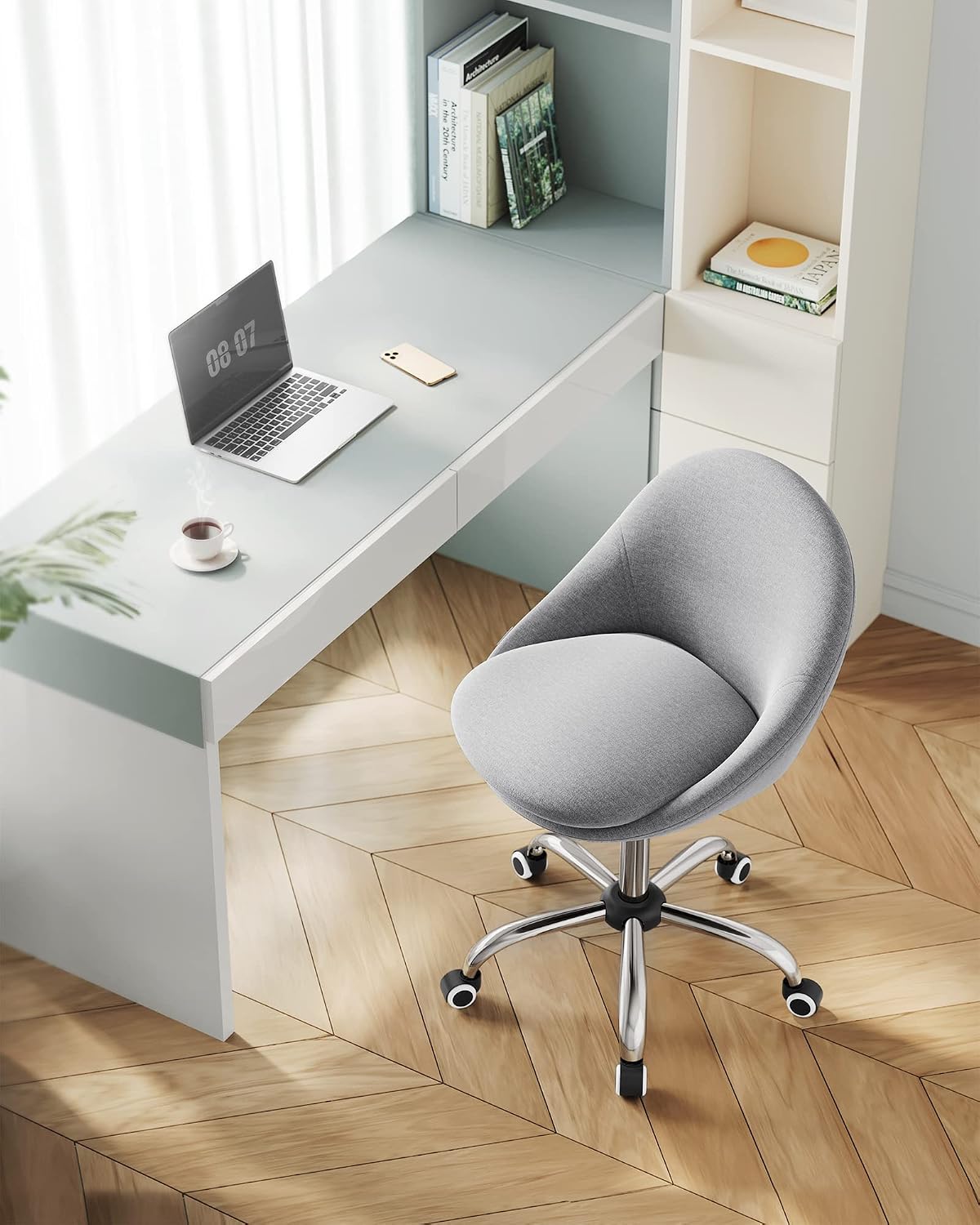 Detalle de SONGMICS Sedia da Studio OBG020G01 girevole 360° in cotone-lino, regolabile in altezza, grigio tortora