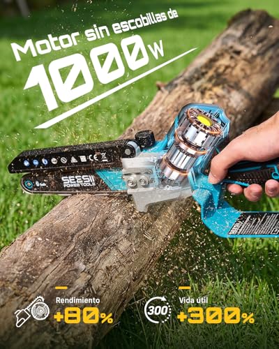Detalle de SEESII Mini Motosierra 6'' con batería dual y rendimiento sin escobillas