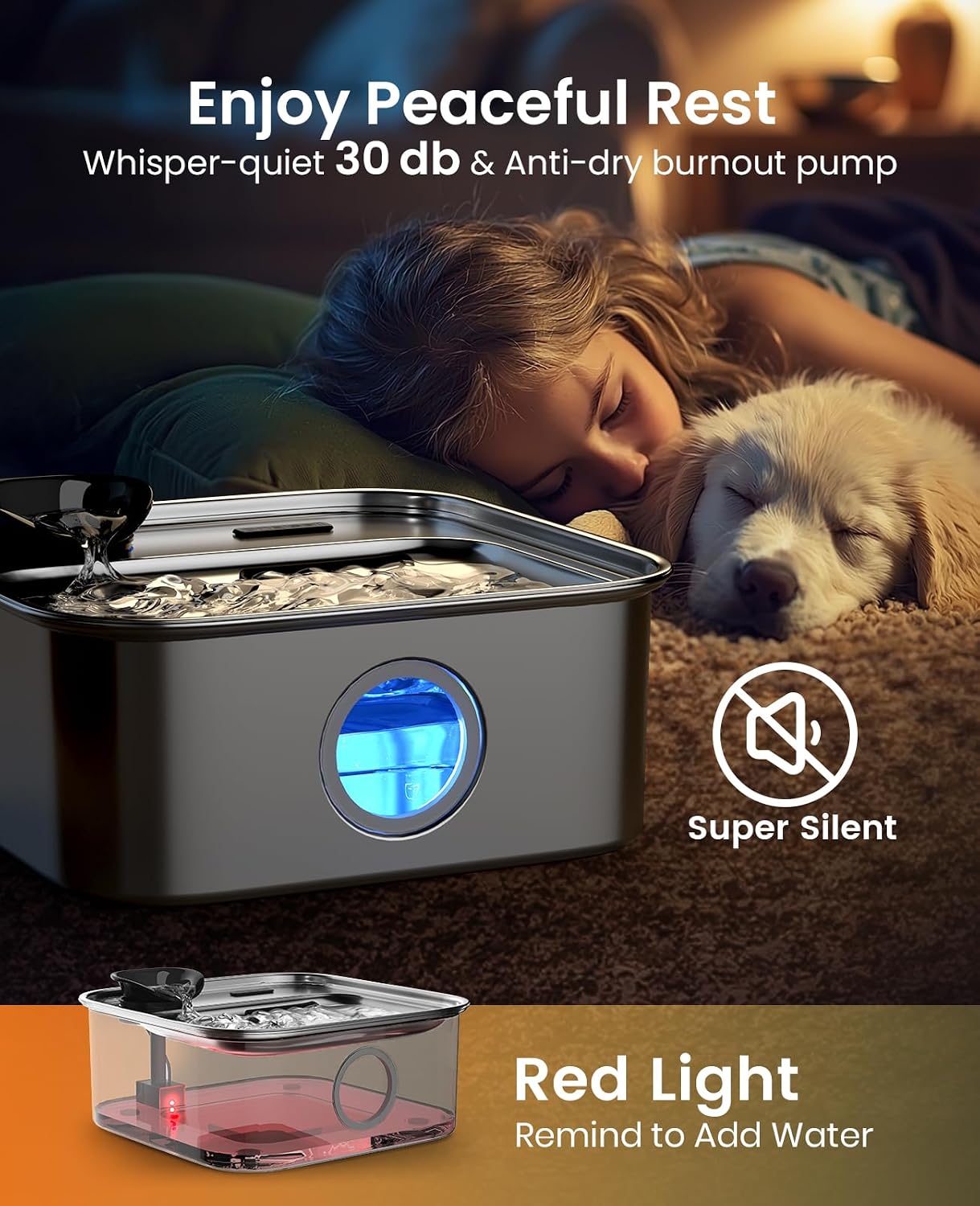Detalle de oneisall 10L/2.6Gal Dog Water Fountain for Large Dogs (1 Filter) with Visualization Window and Triple Filtration