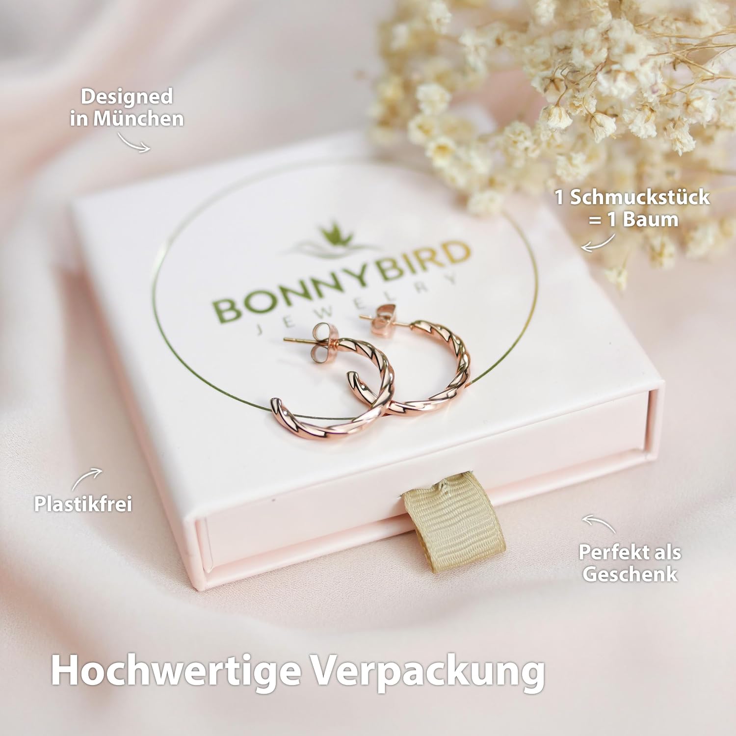 Detalle de BONNYBIRD BonnyTwist Ohrringe aus Edelstahl 316L – wasserfest, hypoallergen, extra leicht (Roségold, Silber, Gold)