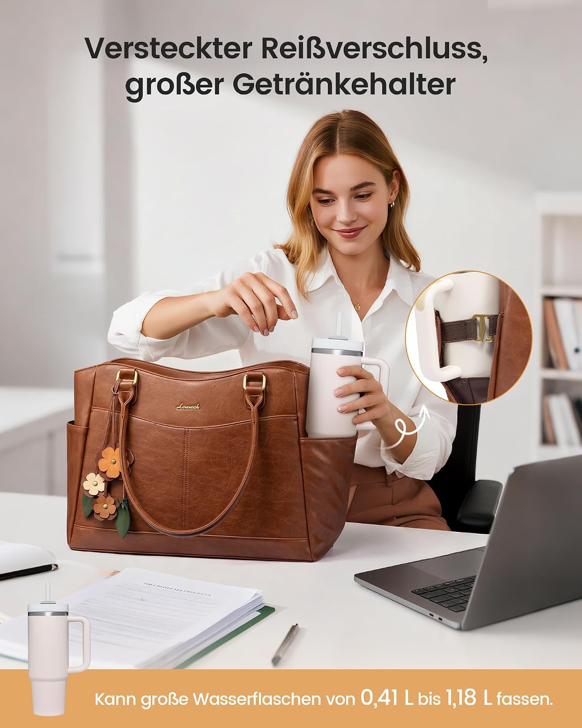 Thumbnail 3 de LOVEVOOK Laptoptasche Damen 15,6 Zoll – Große Tote mit Blumenanhänger aus PU-Leder