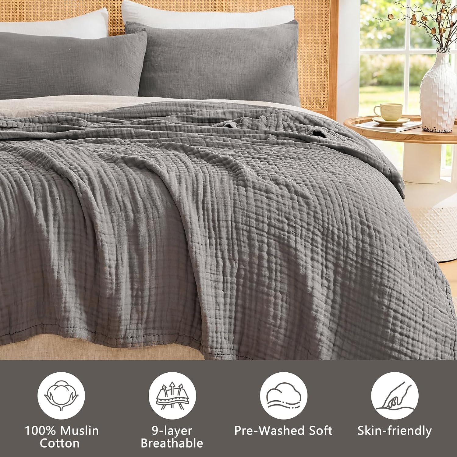 Thumbnail 6 de EMME EMCAC-9-Muslin Blanket Brezpure Queen 9-Layer Cotton Blanket, Dark Grey
