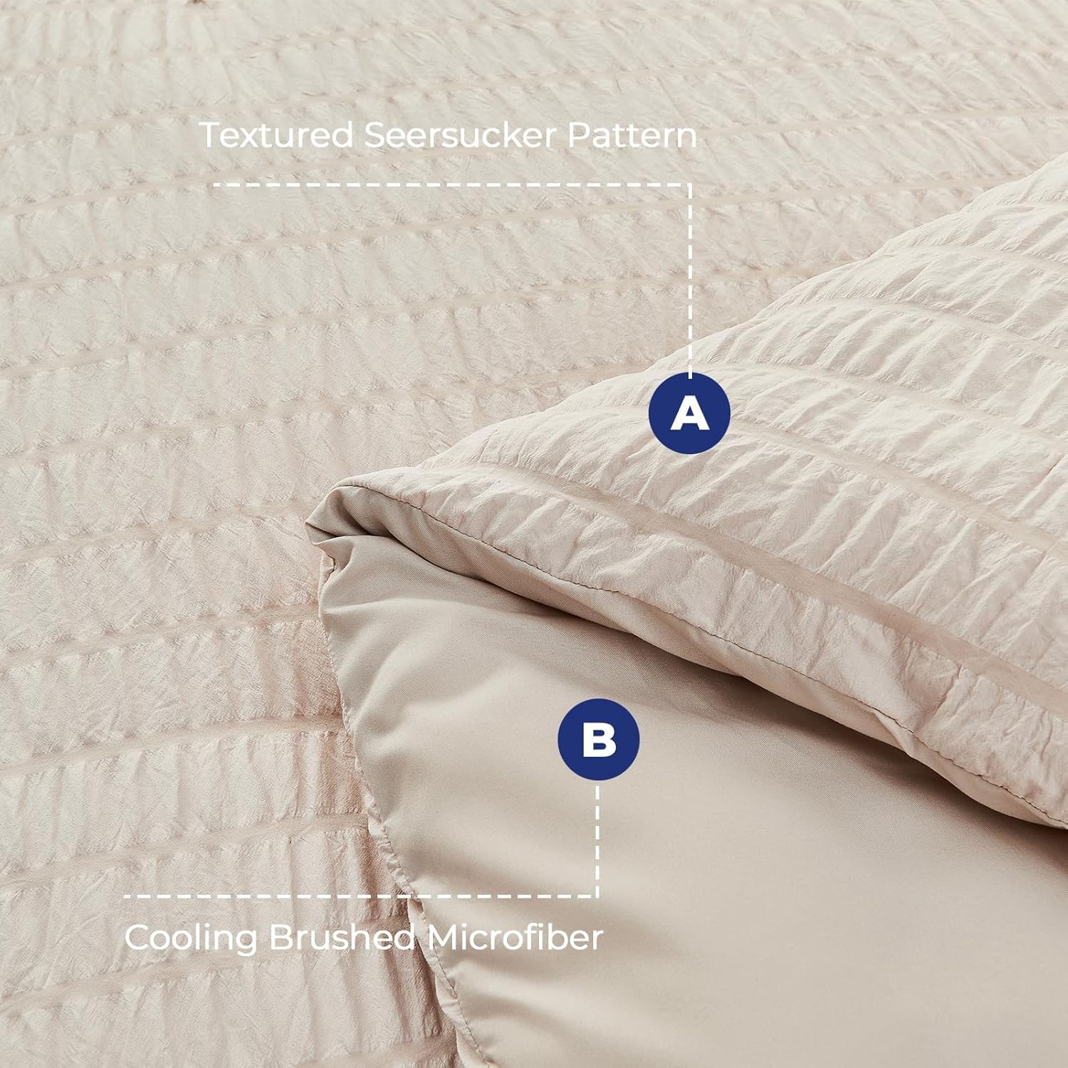 Thumbnail 3 de HYMOKEGE Beige Queen Duvet Cover Set (3-Piece) — Seersucker Microfiber with Zipper & 8 Corner Ties