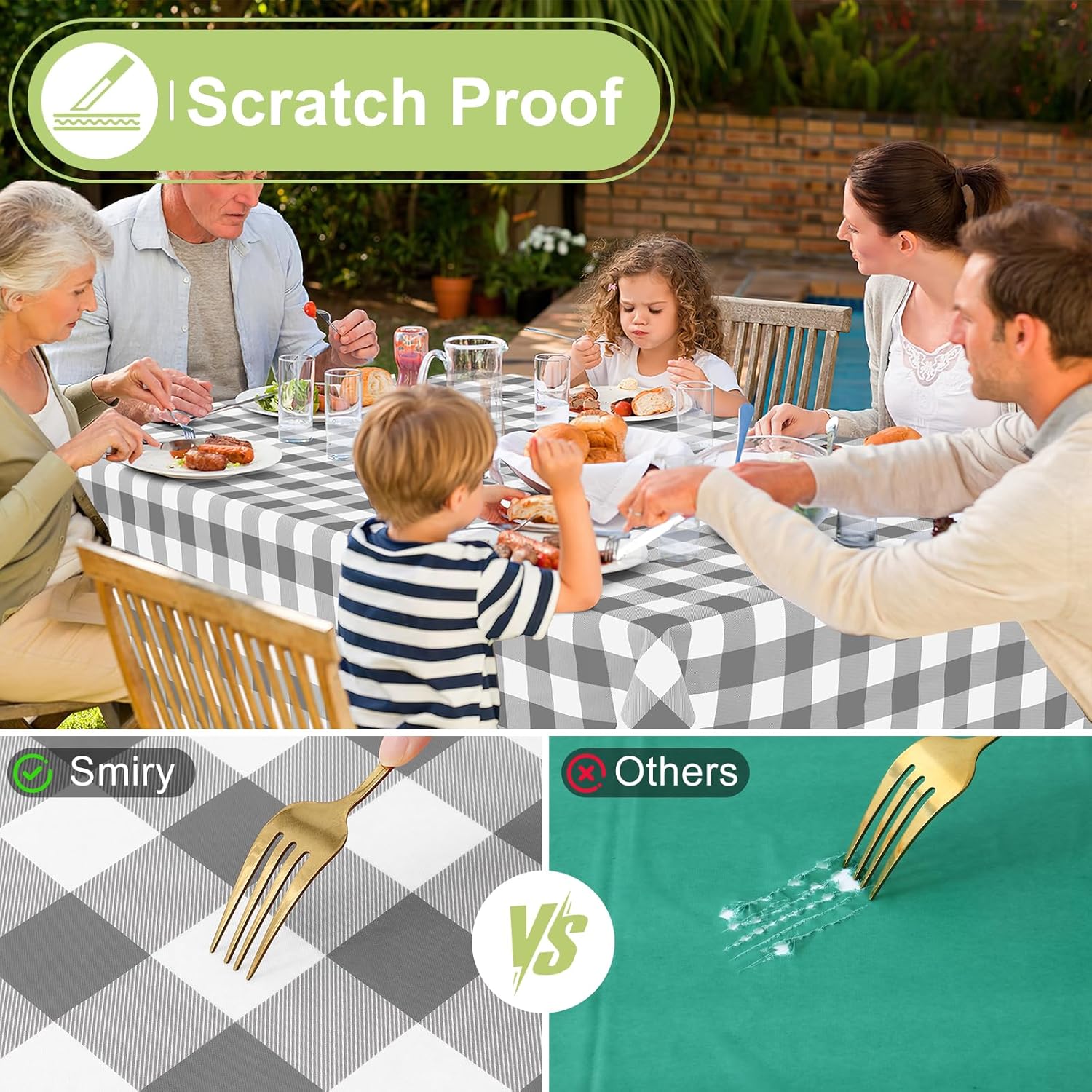 Detalle de Smiry Square Table Cloth, 54x54, Waterproof Vinyl with Flannel Backing in Grey & White Buffalo Plaid
