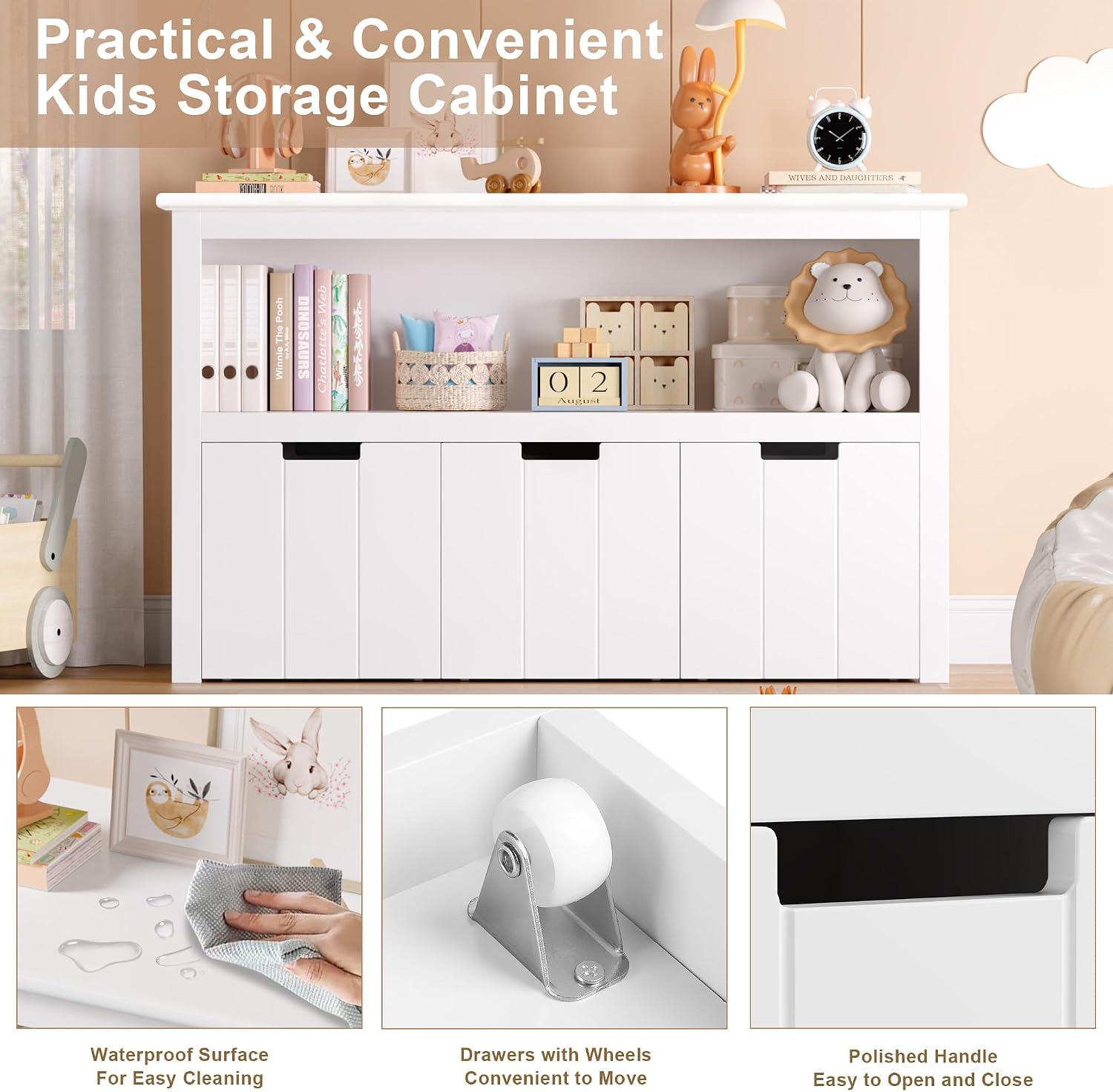 Detalle de FOREHILL M287288 Toy Storage Unit, 3 Wheeled Drawers, White, 102 cm