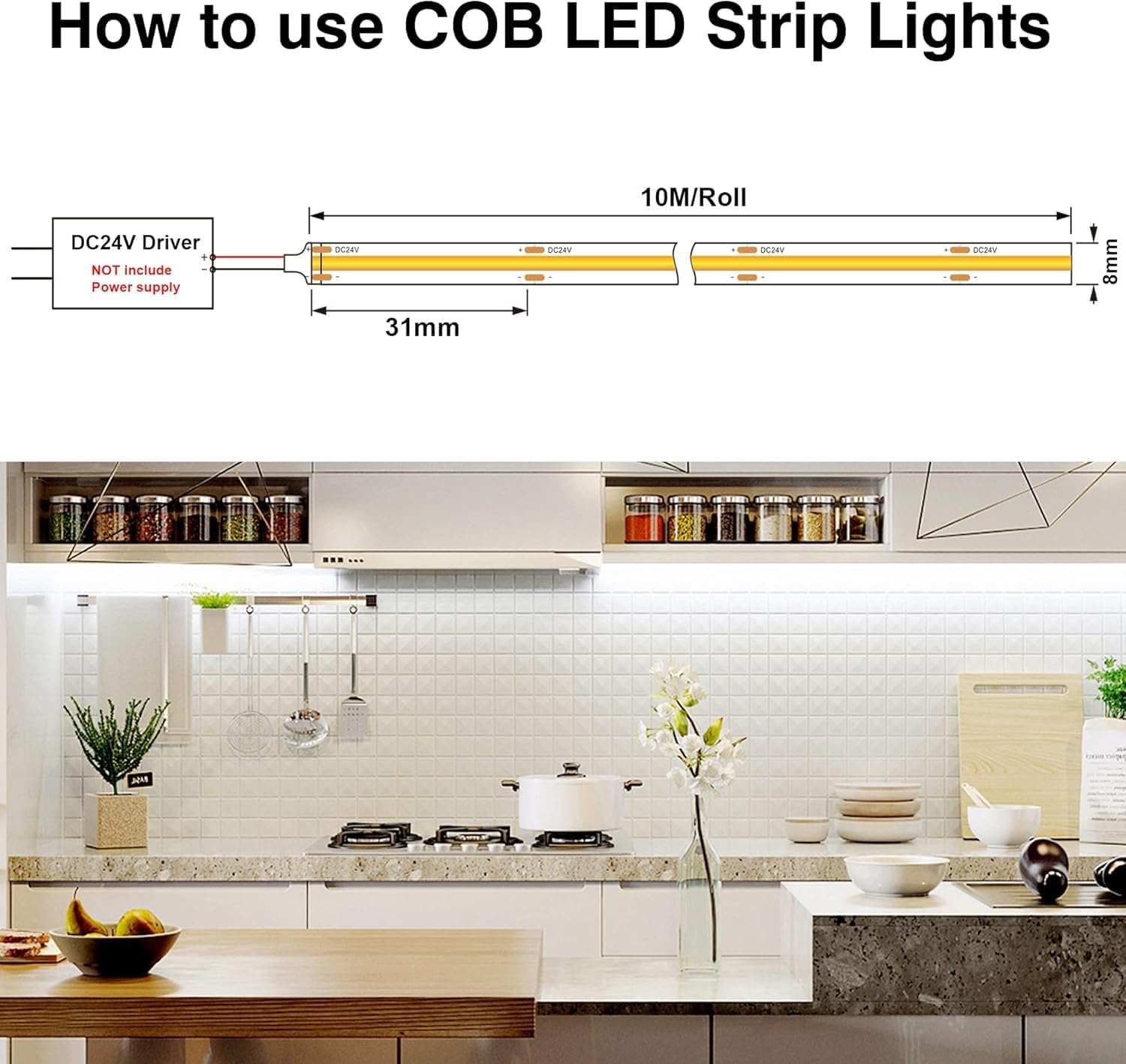 Thumbnail 5 de BERIXDEEP COB LED Strip 10m (Dotless) 384 LED/m, CRI 90+, Warm White 3000K — 24V, no power supply