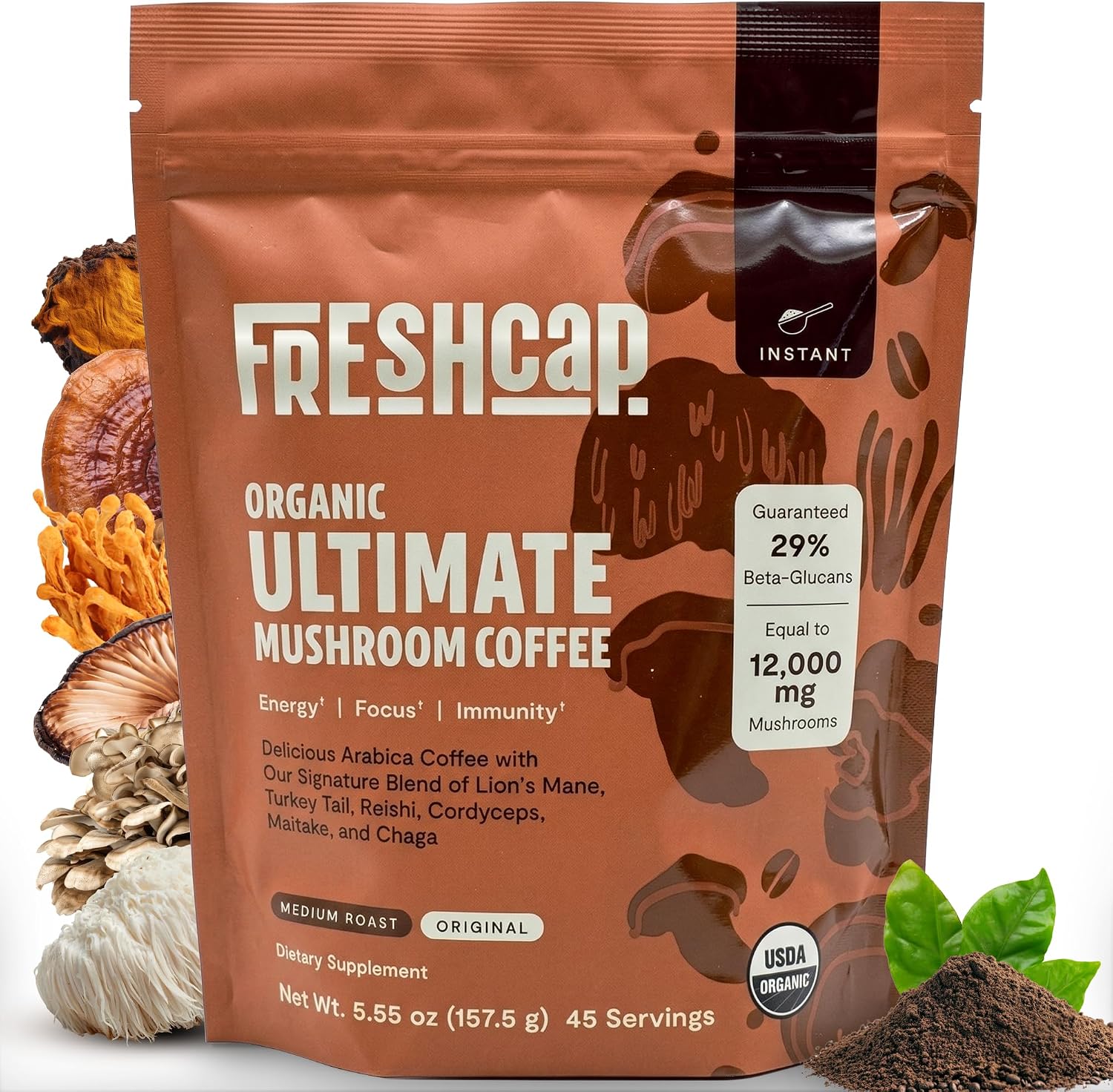 Detalle de FreshCap Mushroom Powders Organic Instant Mushroom Coffee, 45 Servings