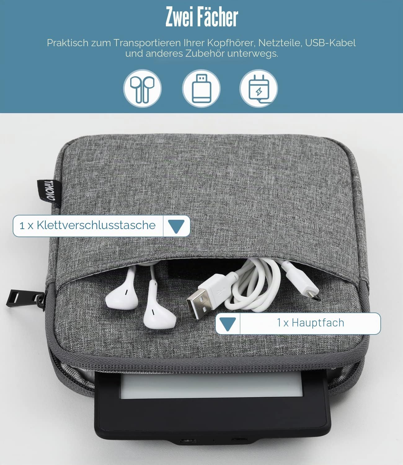 Detalle 2 de TiMOVO Schutzhülle 6–7 Zoll für eReader – Stoßfeste Sleeve mit Reißverschluss, Dunkelgrau