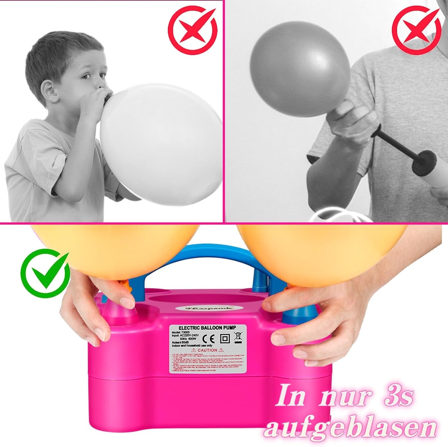 Detalle de FLSEPAMB Elektrische Luftballonpumpe – 600 W, 2 Düsen, 2 Modi, tragbar