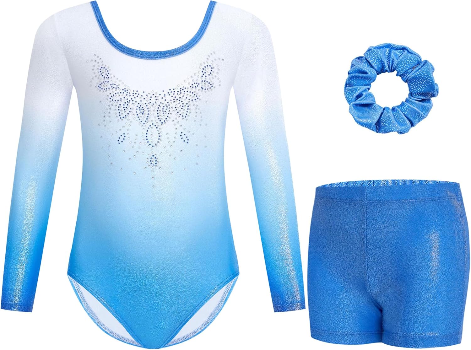 Thumbnail 4 de Gogokids Girls Three-Piece Gymnastics Leotards Set (Long Sleeve, Shorts & Hairband) with Gradient Sequin Design