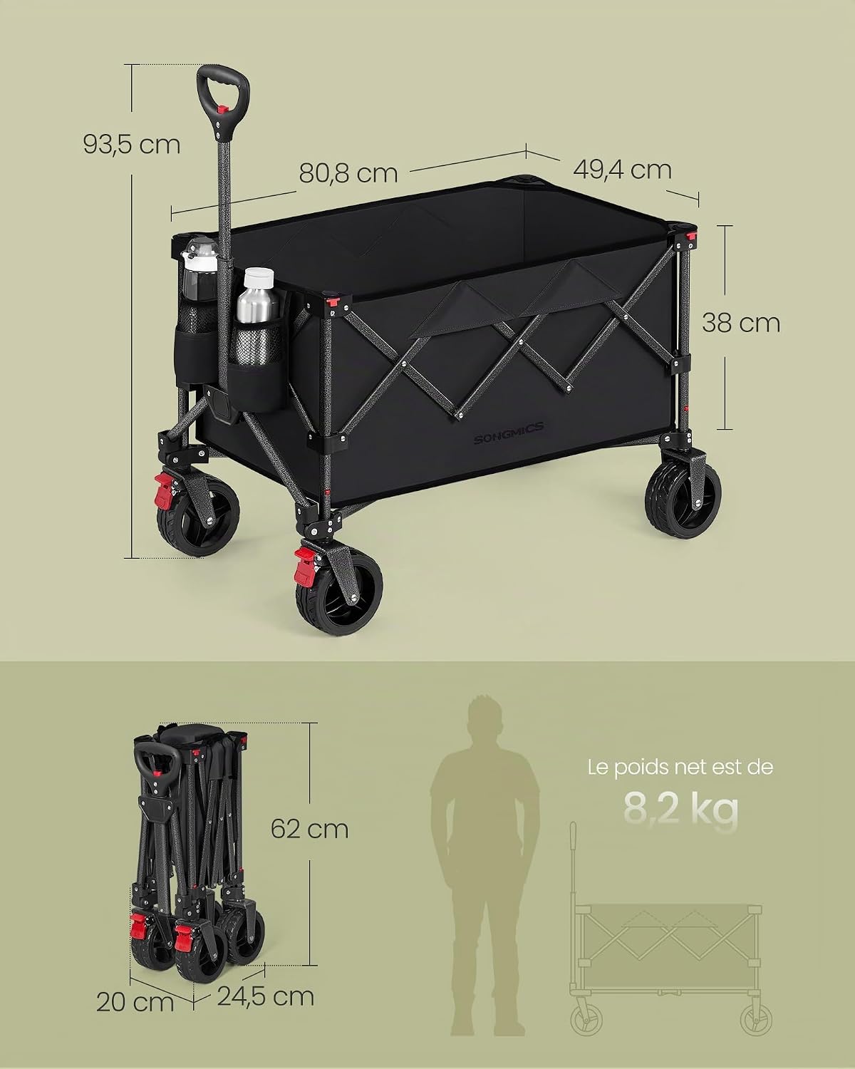 Thumbnail 5 de SONGMICS Chariot Pliable GFW115B01 : chariot de jardin pliable, 150 L, 150 kg, 4 roues amovibles
