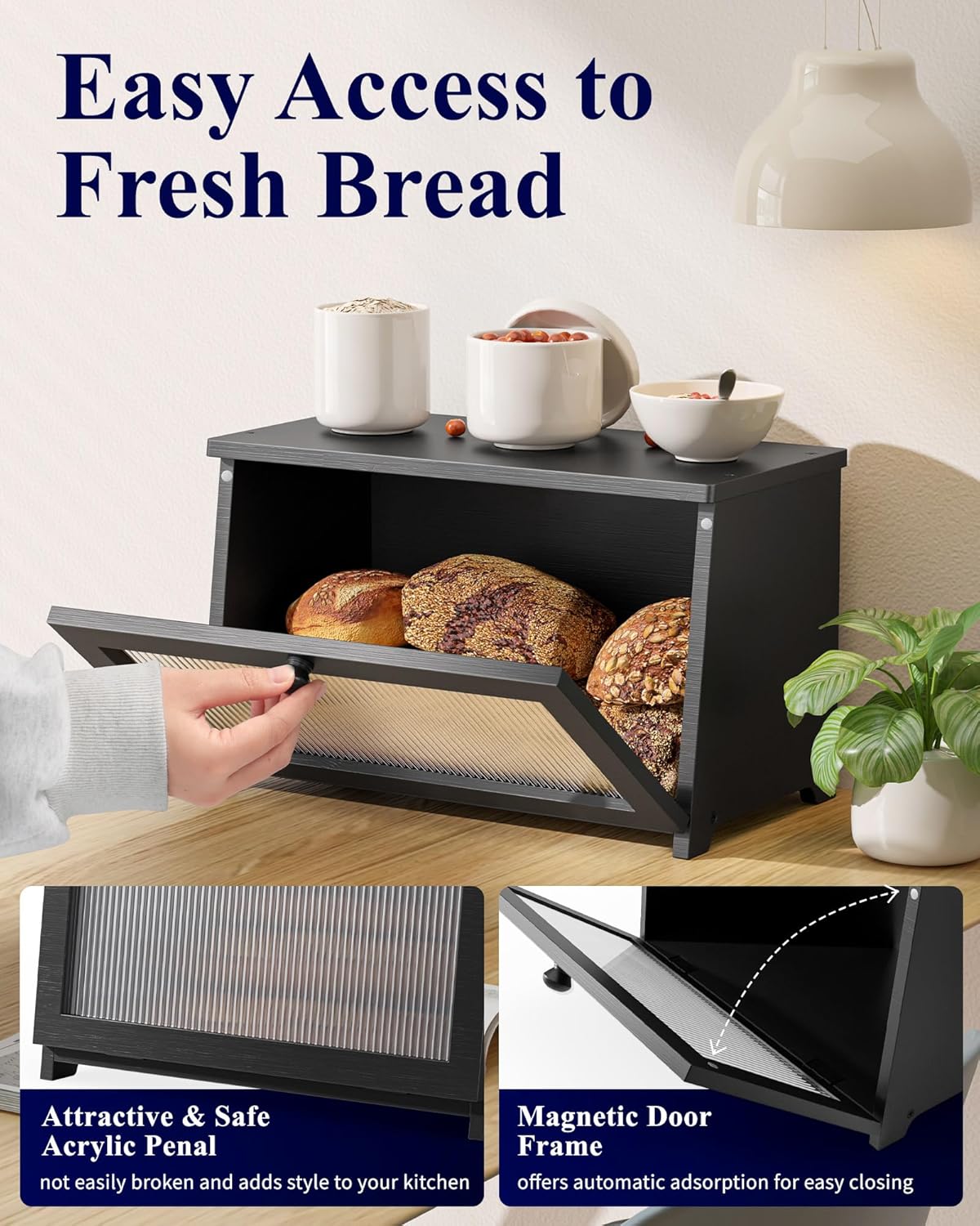 Detalle de Kitsure Wooden Bread Box with Magnetic Acrylic Door and Large Capacity Storage