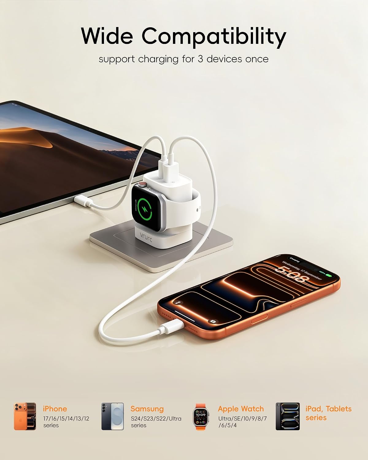Detalle de VRURC 3-in-1 Charger 20W for iPhone & Apple Watch 🔌