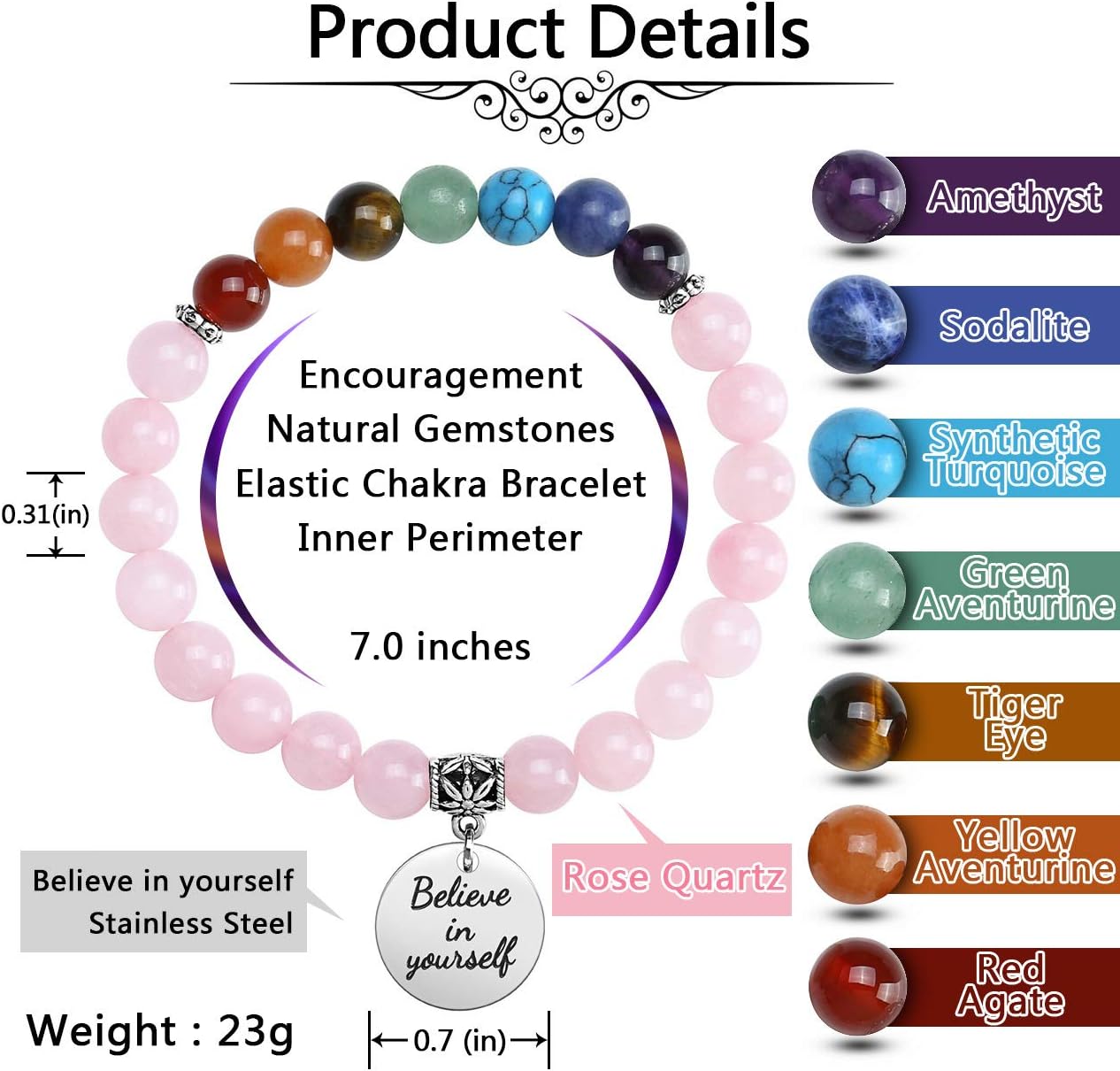 Thumbnail 5 de JSDDE Chakra Crystal Bead Bracelet: 7-Gem Balance with Text Charm