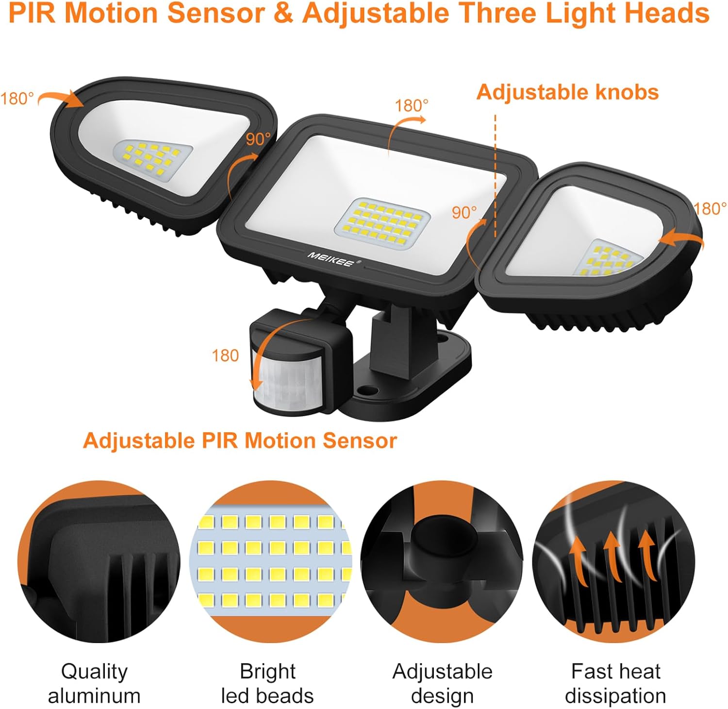 Detalle 1 de MEIKEE TSFA0042 LED-strålkastare 42 W med rörelsesensor och tre justerbara huvuden