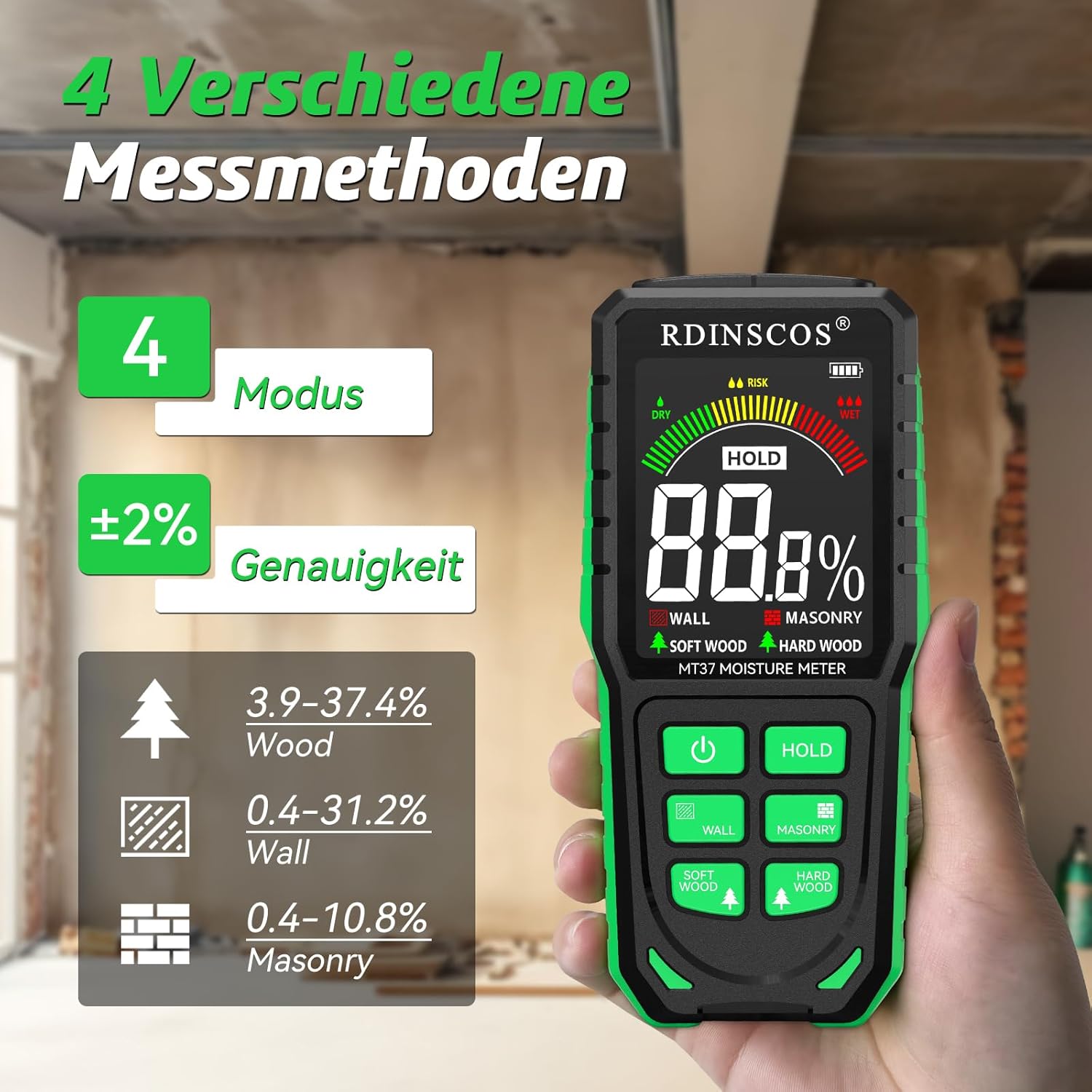 Detalle 2 de RDINSCOS Rechargeable Pinless Moisture Meter: Non-Invasive Damp Detector for Walls, Wood & Masonry