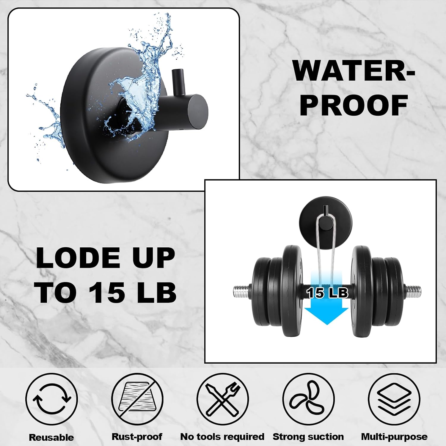 Detalle de Dntorx Suction Cup Hooks (4 Pack) – Black stainless-steel towel, robe & bath accessory hooks