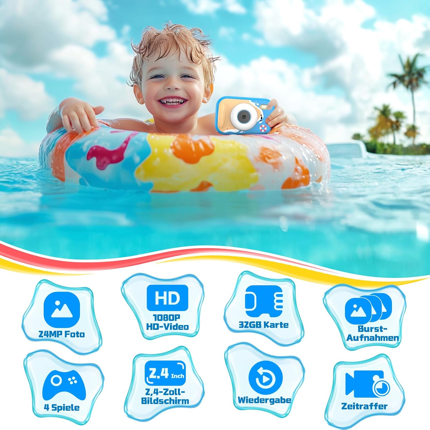 Detalle de Unterwasserkamera Kinder – 10 m wasserdicht, 2,4" Bildschirm, 32 GB Karte, Notfall-LED-Blitz