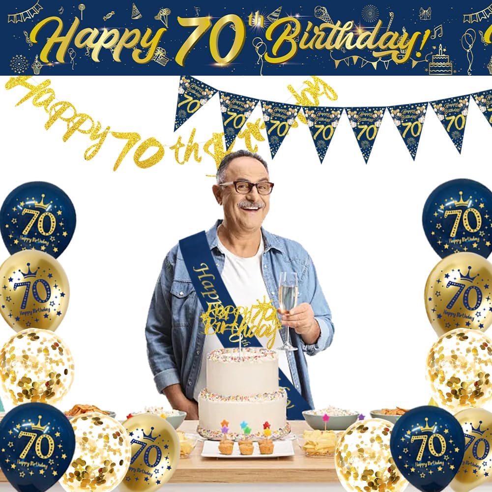 Detalle de Blue Gold Happy 70th Birthday Decoration Kit
