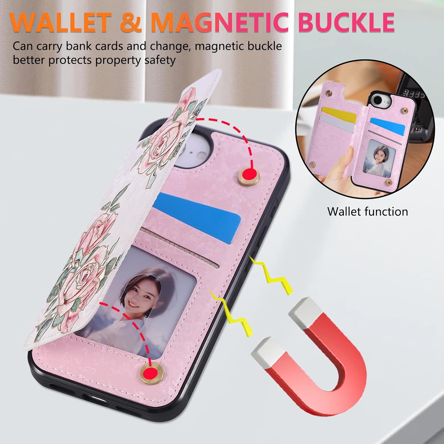 Thumbnail 4 de Asuwish Rose Wallet Case for iPhone 16e/SE 2025 with Screen Protector, 4 Card Slots and Stand