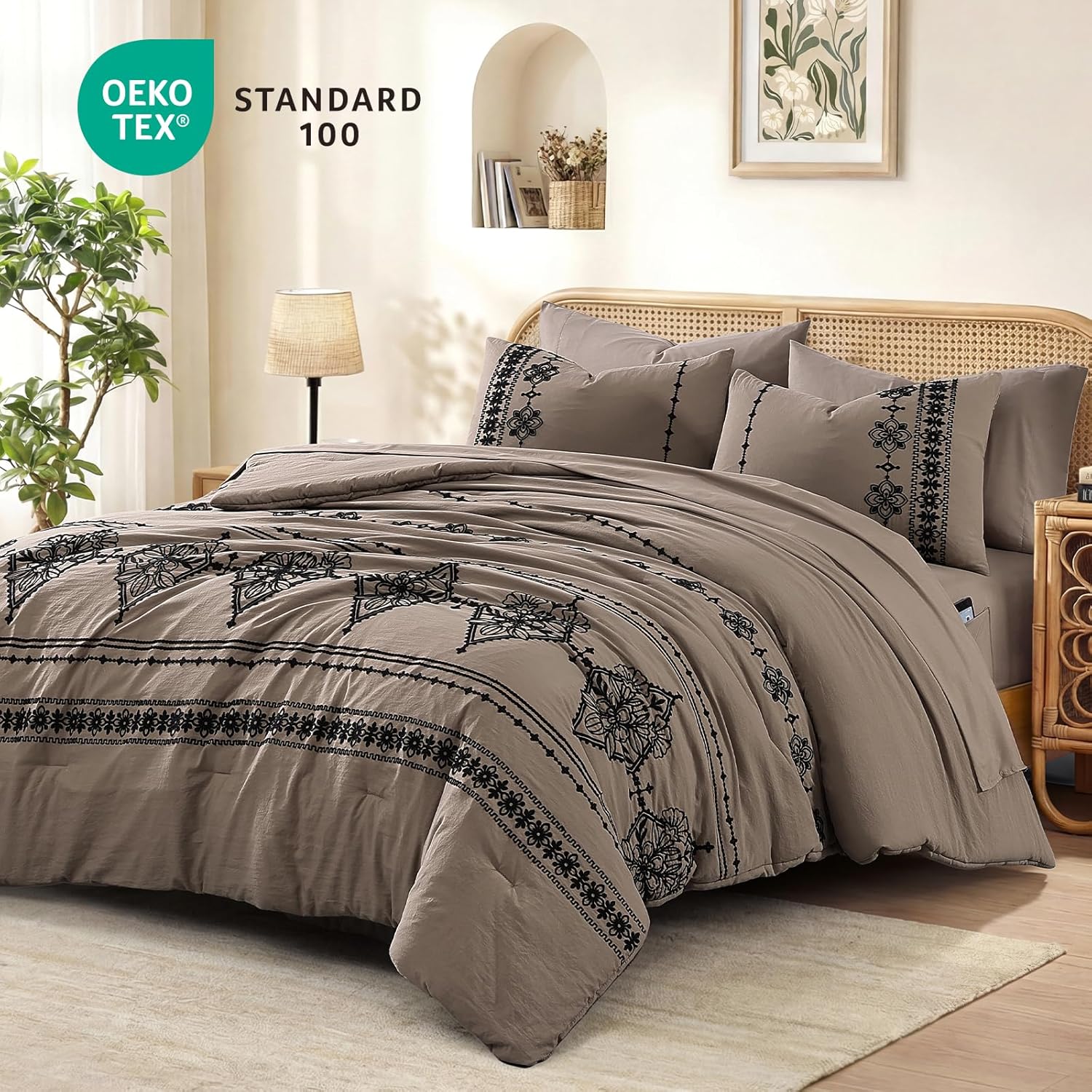 Thumbnail 1 de MaiRêve Queen Size Comforter Set Taupe Grey with Embroidered Boho Western Style