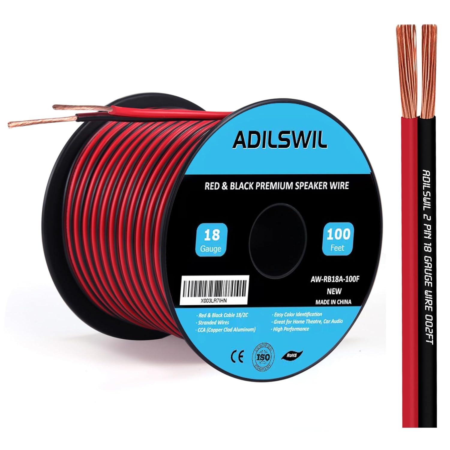 Detalle de 18AWG 100FT Speaker Wire, 2 Conductors, Red & Black, Copper-Clad Aluminum, 12V/24V DC Low-Voltage Cable