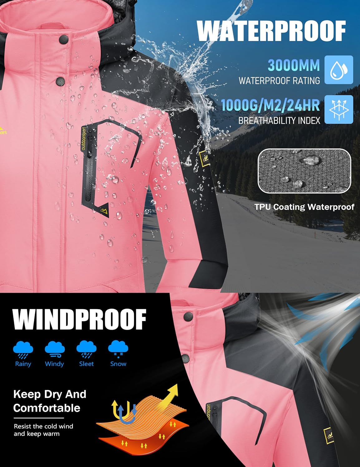 Detalle 2 de TACVASEN Women’s Winter Ski Jacket, Waterproof with Fleece-Lined Hood and 4 Zipper Pockets