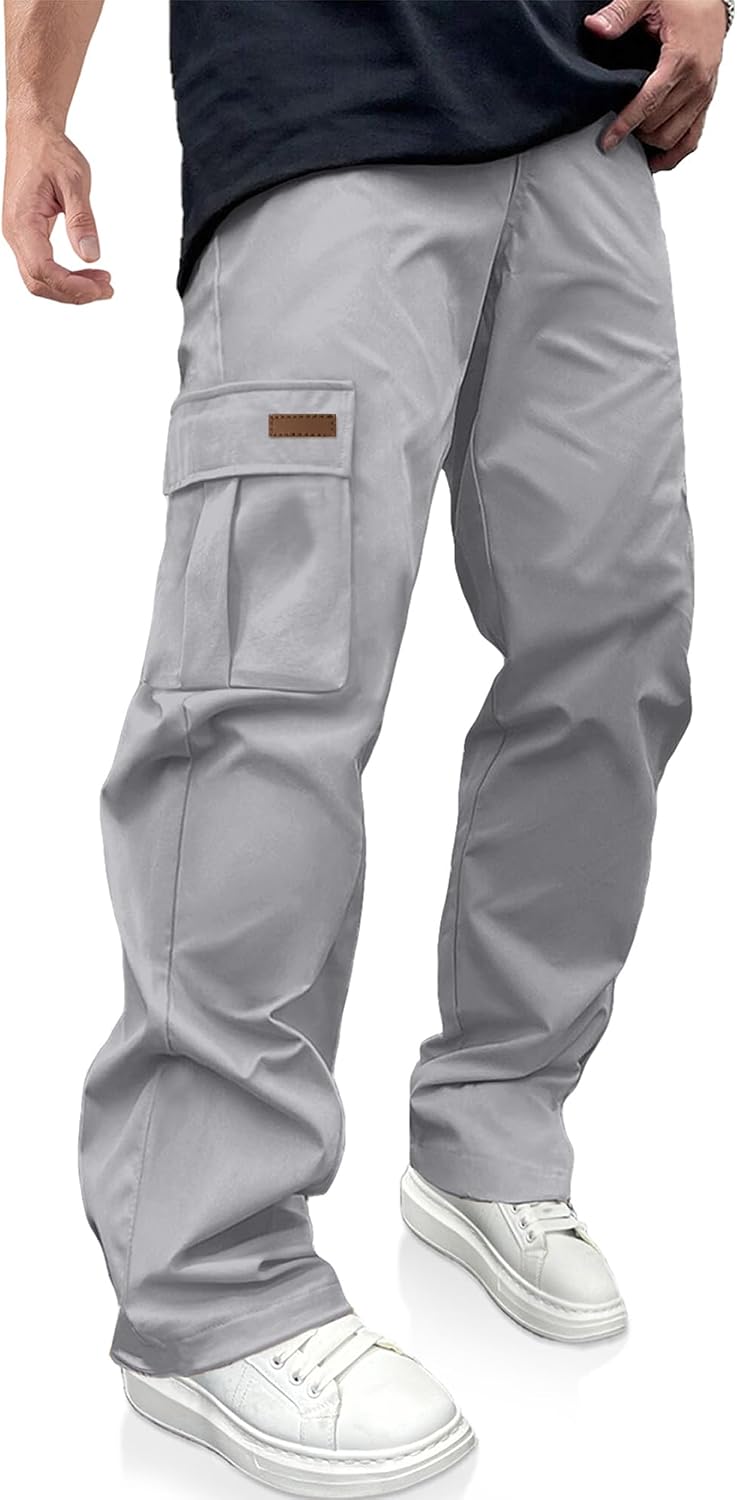 Detalle de PLEPAN Men's Cargo Pants with Stretch Waist, Drawstring, and Four Pockets