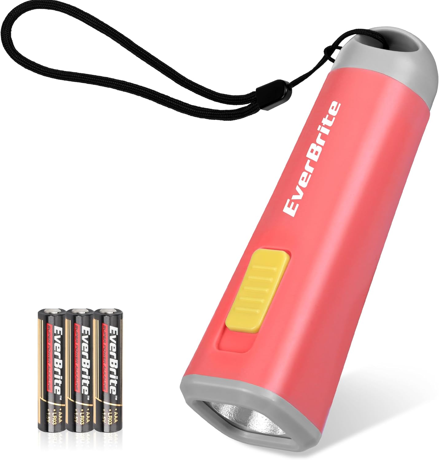 Detalle de EverBrite Mini Lampe de Poche LED (Rouge Corail) — 46 g, 30 lumens, lumière jaune, avec 3 piles AAA incluses