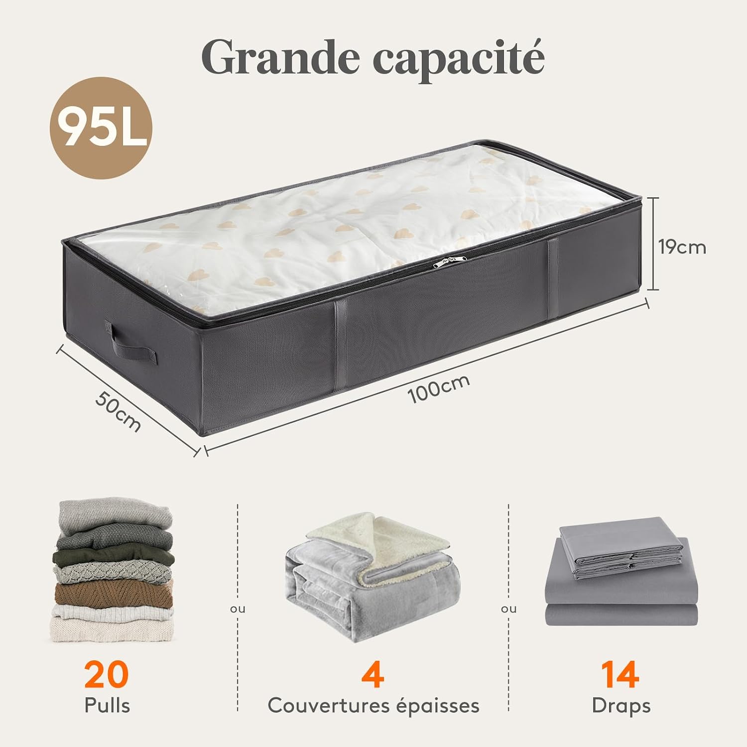 Detalle 2 de Lifewit 22143 opbergtassen voor onder het bed, opvouwbaar, 95 l, grijs